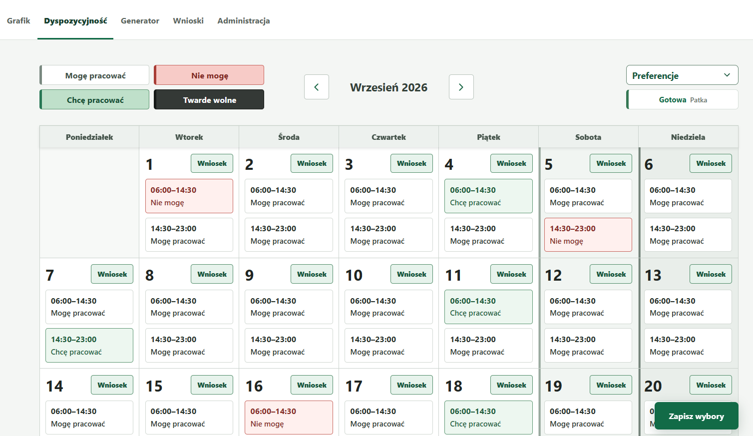 Widok dyspozycyjności pracownika w aplikacji Grafik