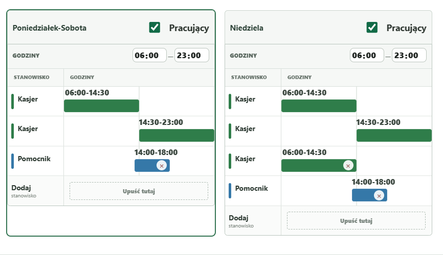 Konfiguracja stanowisk i godzin pracy w aplikacji Grafik